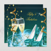 50と素晴らしい金ゴールドティール（緑がかった色）グリッターヒールパーティー 招待状 (正面/裏面)