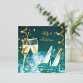 50と素晴らしい金ゴールドティール（緑がかった色）グリッターヒールパーティー 招待状 (スタンド正面)