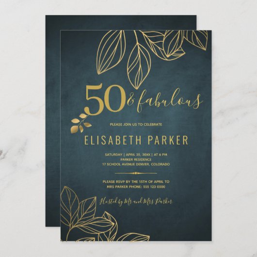 50と素晴らしい金ゴールドネイビー50th誕生日パーティー 招待状 (正面/裏面)