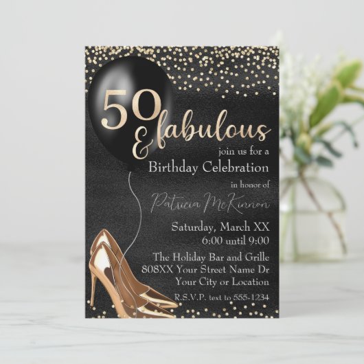 50と素晴らしい金ゴールドハイヒールオンブラック 招待状 (スタンド正面)
