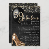 50と素晴らしい金ゴールドハイヒールオンブラック 招待状 (正面/裏面)