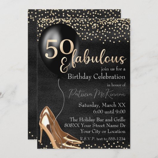 50と素晴らしい金ゴールドハイヒールオンブラック 招待状 (正面/裏面)