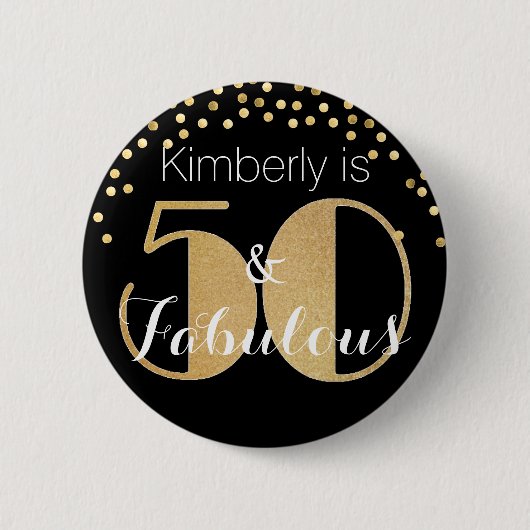 50と素晴らしい金ゴールドパーソナライズされた誕生日パーティー 缶バッジ (正面)