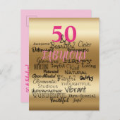 50と素晴らしい金ゴールドピンクブラック誕生日タイポグラフィ インビテーションポストカード (正面/裏面)