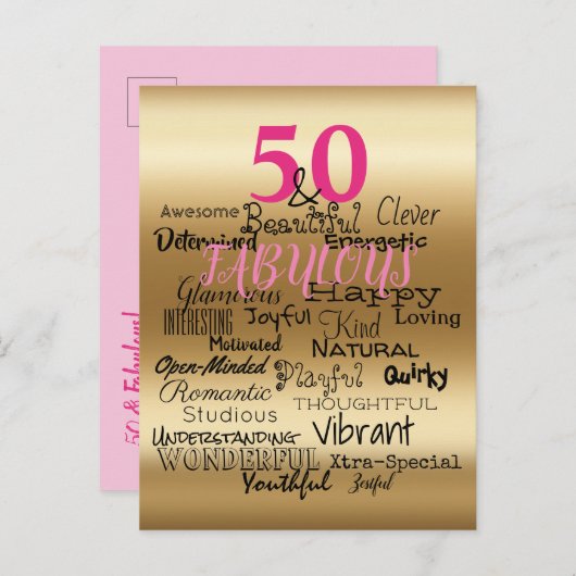 50と素晴らしい金ゴールドピンクブラック誕生日タイポグラフィ インビテーションポストカード (正面/裏面)