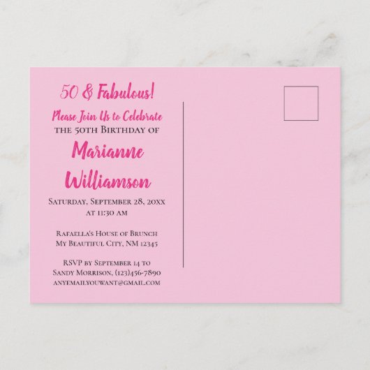 50と素晴らしい金ゴールドピンクブラック誕生日タイポグラフィ インビテーションポストカード (裏面)