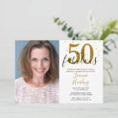 50と素晴らしい金ゴールドブラッエレガントク誕生日写真 招待状 (スタンド正面)