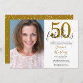 50と素晴らしい金ゴールドブラッエレガントク誕生日写真 招待状 (正面/裏面)