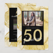 50と素晴らしい金ゴールドブラックフォト誕生日 招待状 (正面/裏面)