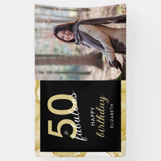 50と素晴らしい金ゴールドブラックフォト誕生日 横断幕 (縦)