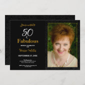 50と素晴らしい金ゴールドブラックフローラ誕生日 招待状 (正面/裏面)
