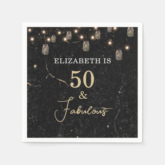 50と素晴らしい金ゴールドブラックマーブルメイスンジャールライト スタンダードカクテルナプキン (正面)