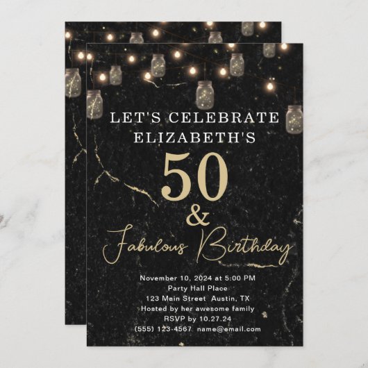 50と素晴らしい金ゴールドブラックマーブルメイスンジャールライト 招待状 (正面/裏面)