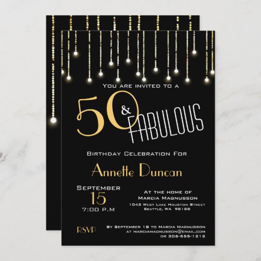 50と素晴らしい金ゴールドブラックライツバースデーパーティー 招待状 (正面/裏面)