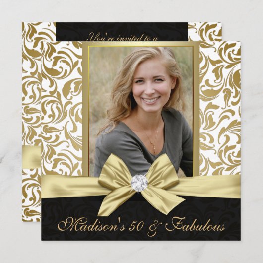 50と素晴らしい金ゴールドホワイトダマスク50誕生日 招待状 (正面/裏面)