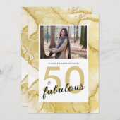 50と素晴らしい金ゴールドホワイトフォト誕生日 招待状 (正面/裏面)