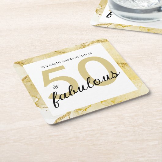 50と素晴らしい金ゴールドホワイト誕生日 スクエアペーパーコースター (アングル)