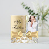 50と素晴らしい金ゴールドリーフ&ボウ50th誕生日招待状 招待状 (スタンド正面)