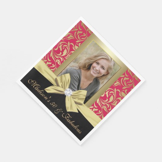50と素晴らしい金ゴールドレッドダマスク50誕生日 スタンダードランチョンナプキン (角)