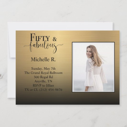 50と素晴らしい金属金ゴールド誕生日パーティー 招待状 (裏面)