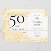 50と素晴らしい黄色のローズブラック水平 招待状 (正面/裏面)