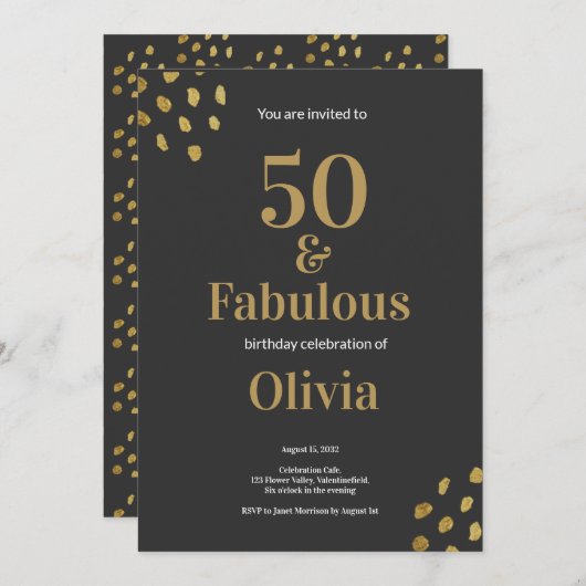50と素晴らしい黒とゴールデン誕生日 招待状 (正面/裏面)