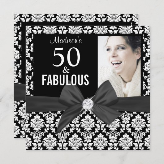 50と素晴らしい黒のダマスク写真50誕生日 招待状 (正面/裏面)