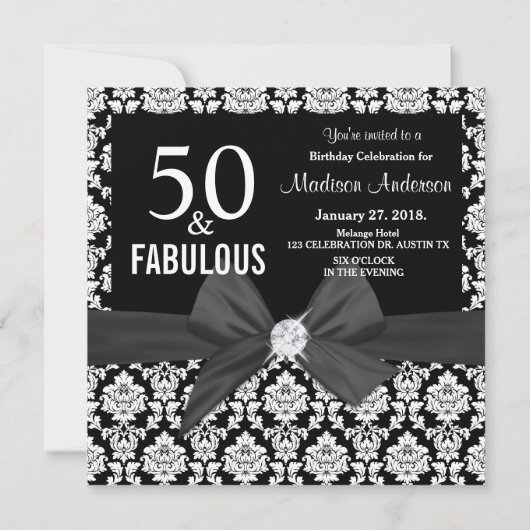 50と素晴らしい黒のダマスク写真50誕生日 招待状 (裏面)