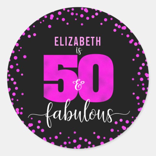 50と素晴らしい黒のホットピンクのドットのはっきりした誕生日 ラウンドシール (正面)