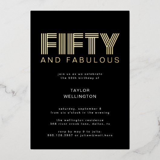 50と素晴らしい黒モダンの誕生日パーティー 箔招待状 (正面)
