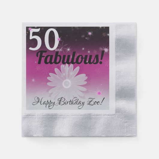 50と素晴らしい黒、ピンク、白と星 縁ありカクテルナプキン (正面)