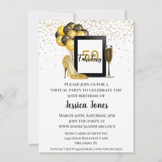 50と素晴らしい50の仮想誕生日金ゴールド 招待状 (正面)