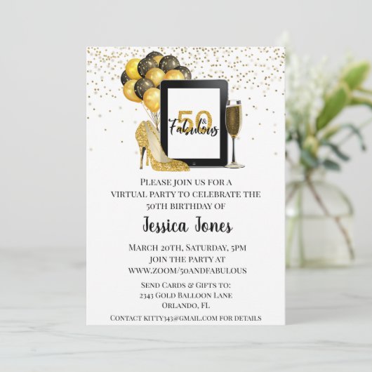 50と素晴らしい50の仮想誕生日金ゴールド 招待状 (スタンド正面)