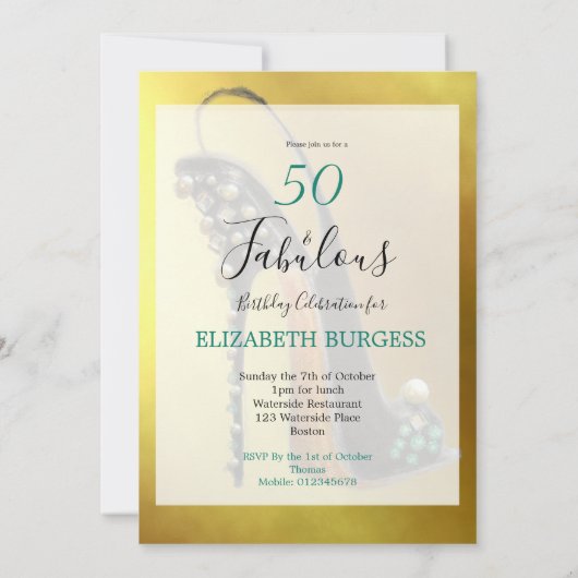 50と素晴らしい50番目のエレガント金ゴールドシスタイリッシュック 招待状 (裏面)