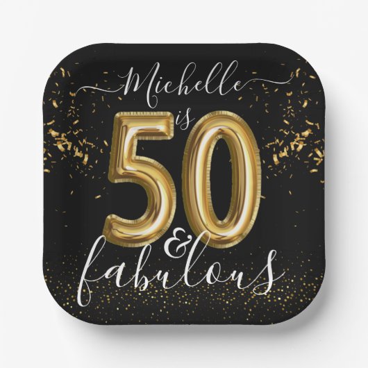 50と素晴らしい50誕生日金ゴールドバルーン黒 ペーパープレート (正面)