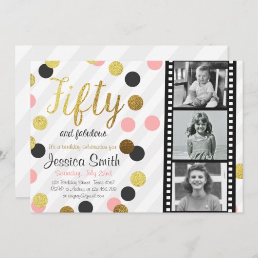 50と素晴らしい50金ゴールドグリッター誕生日招待状 招待状 (正面/裏面)