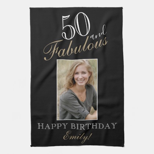 50と素晴らしい50thエレガント誕生日写真 キッチンタオル (縦)