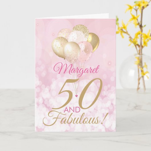 50と素晴らしい50th誕生日グリッターバルーン カード (黄色い花)