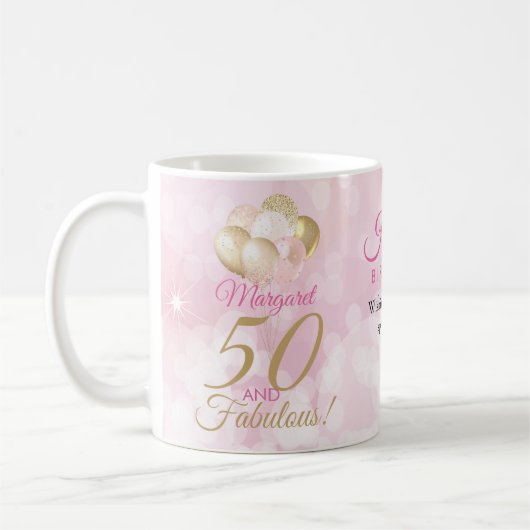 50と素晴らしい50th誕生日グリッターバルーン コーヒーマグカップ (左)
