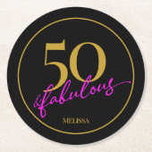 50と素晴らしい50th誕生日パーティブラックと金ゴールド ラウンドペーパーコースター (正面)