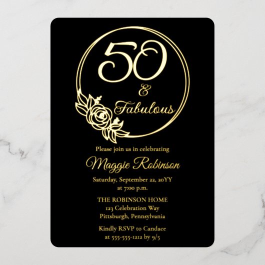 50と素晴らしい50th誕生日パーティーがスタンプ 箔招待状 (正面)