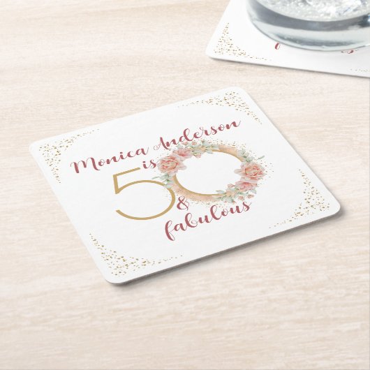 50と素晴らしい50th誕生日パーティーグリッター名 スクエアペーパーコースター (アングル)