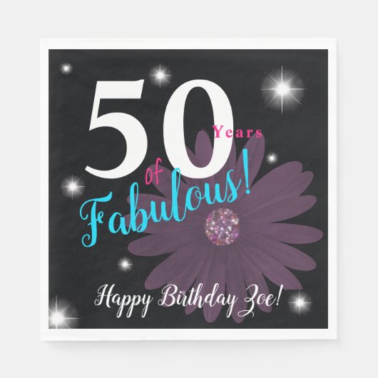 50と素晴らしい、紫エレガントのデイジー&星 スタンダードランチョンナプキン (正面)