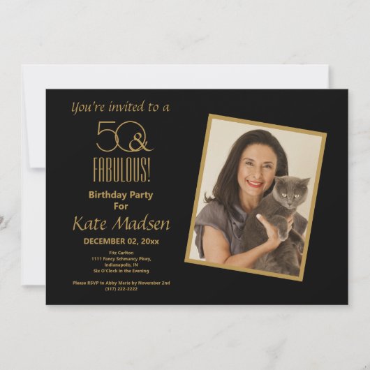 50と素晴らしい！黒と金ゴールドの50歳の誕生日パーティー 招待状 (正面)