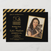 50と素晴らしい！黒と金ゴールドの50歳の誕生日パーティー 招待状 (正面/裏面)