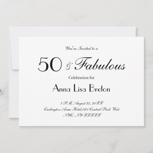 50と素晴らしい | B&Wアートエレガントデコデザイン 招待状 (裏面)