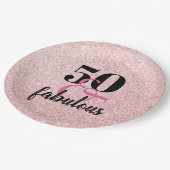50と素晴らしいPInkフェイクグリッター誕生日パーティー ペーパープレート (アングル)