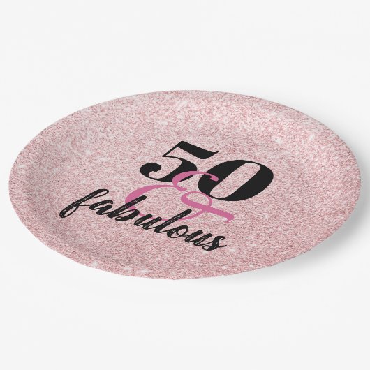 50と素晴らしいPInkフェイクグリッター誕生日パーティー ペーパープレート (アングル)