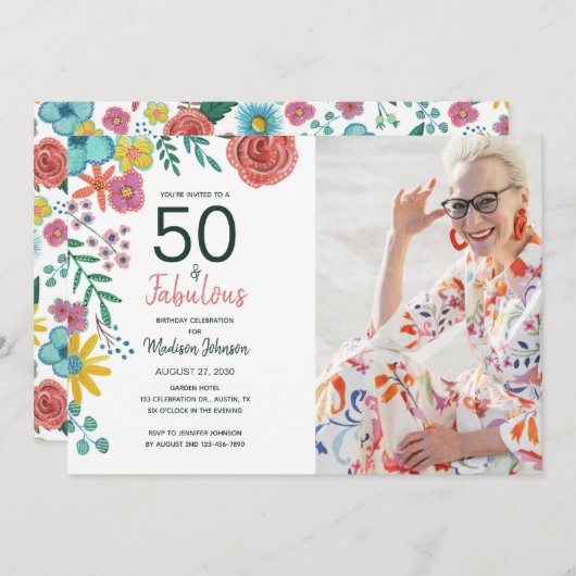 50と素晴らエレガントしいフローラ水色 招待状 (正面/裏面)