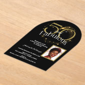 50と素晴らカスタマイズし独身のいフォト黒金ゴールド アクリル招待状 (レイダウン)